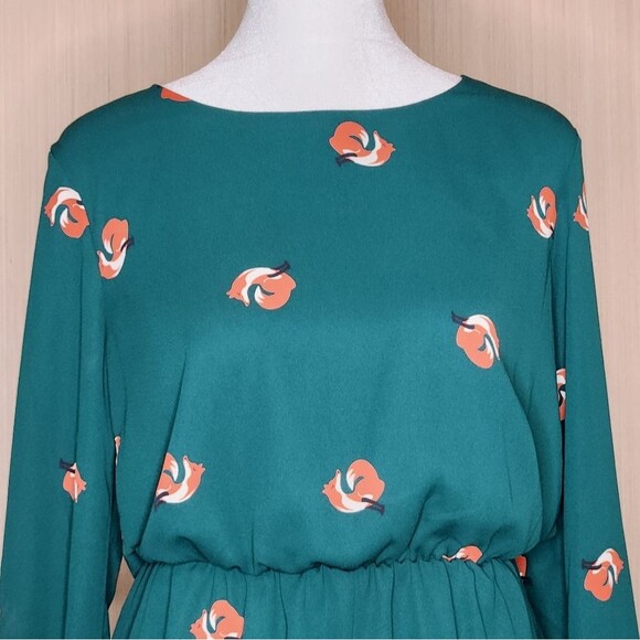 Everly Long Sleeve Shorts Romper Hunter Green Fox Print Lined Women's Size Small - Picture 2 of 12